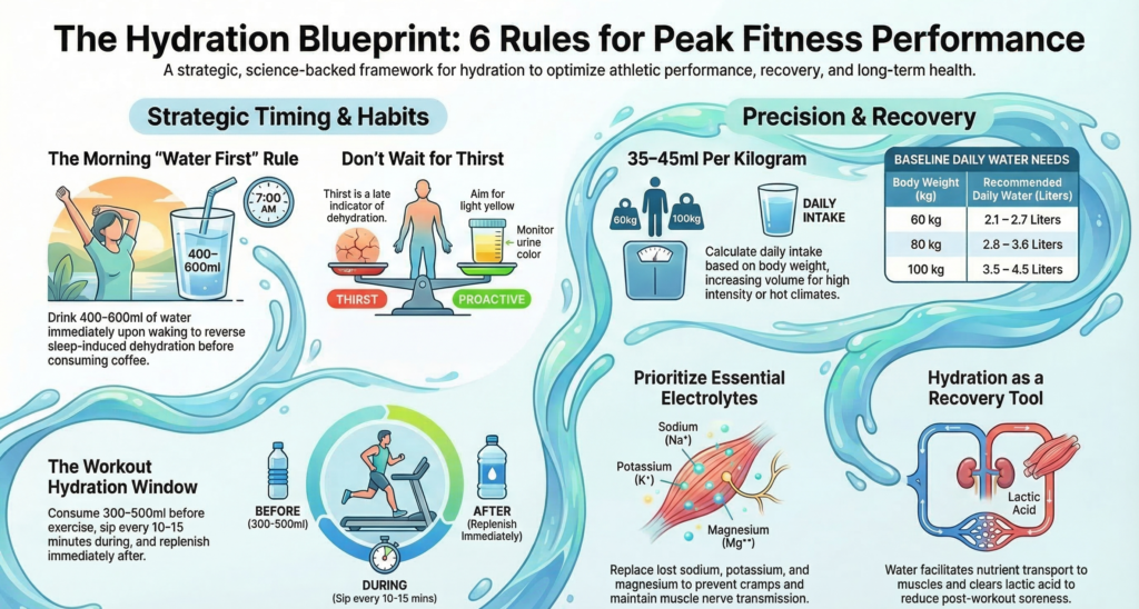 hydration infographic showing water intake timing, electrolytes and workout hydration strategy, hydration rules for fitness