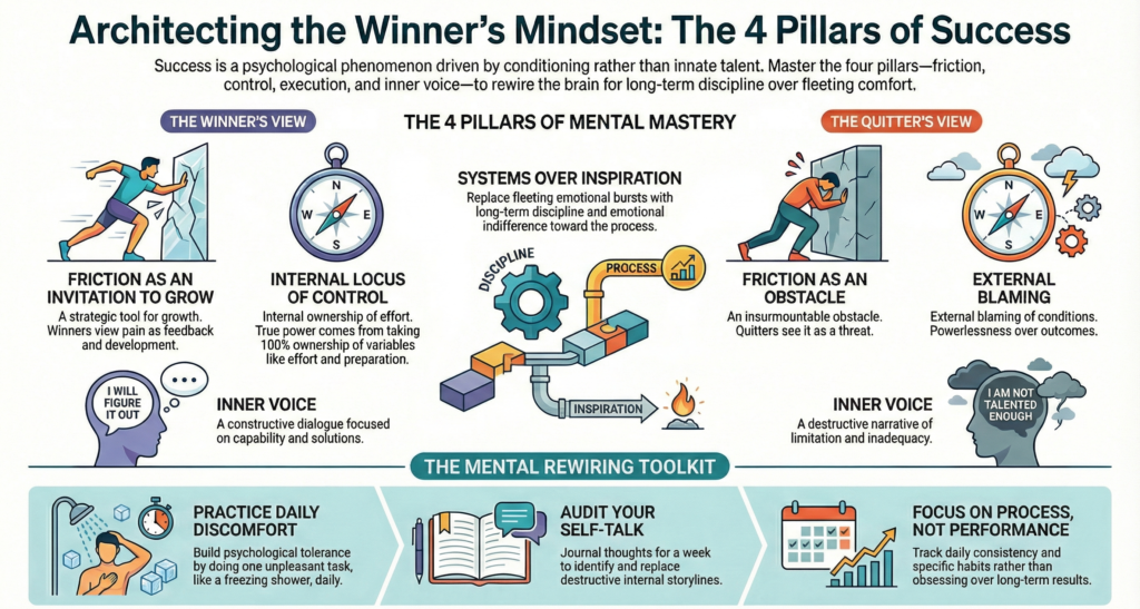 Detailed infographic explaining the four pillars of a winner’s mindset—friction as growth, internal locus of control, systems over inspiration, and constructive inner voice—contrasted with the quitter’s mindset and supported by a mental rewiring toolkit.