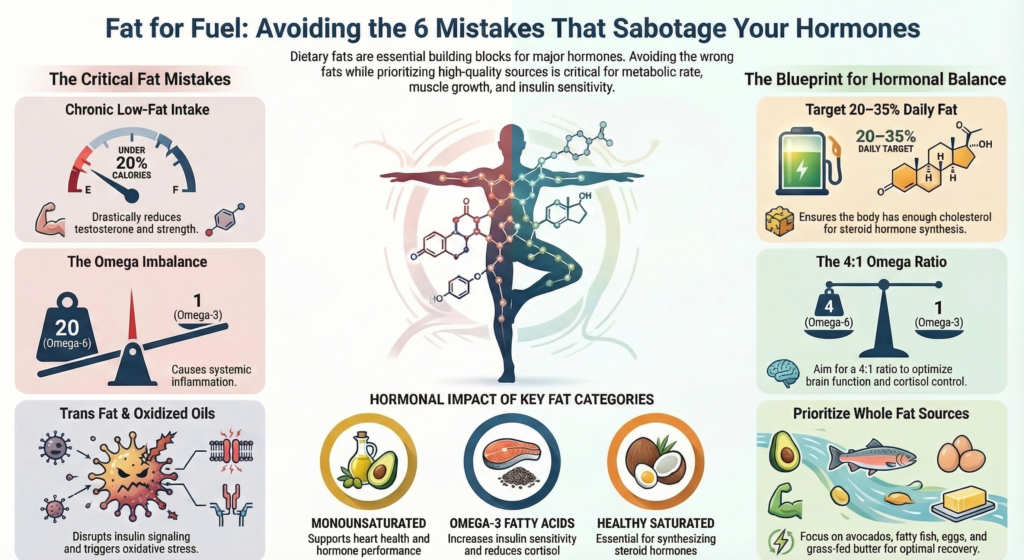 Infographic explaining six major fat nutrition mistakes that disrupt hormones, including low fat intake, omega imbalance, trans fats, and the ideal 20–35% healthy fat intake for hormonal balance.