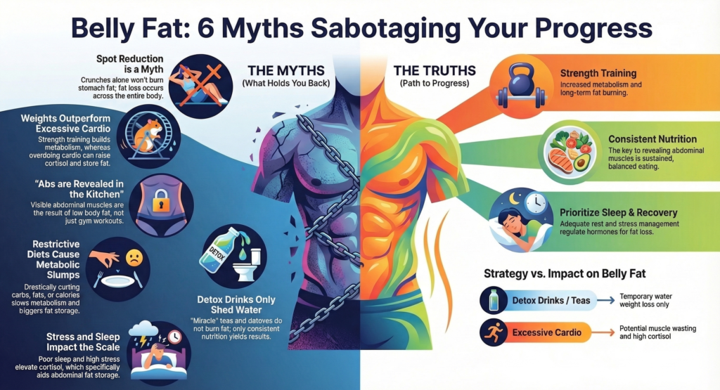 Colorful infographic showing myths and truths about belly fat loss strategies