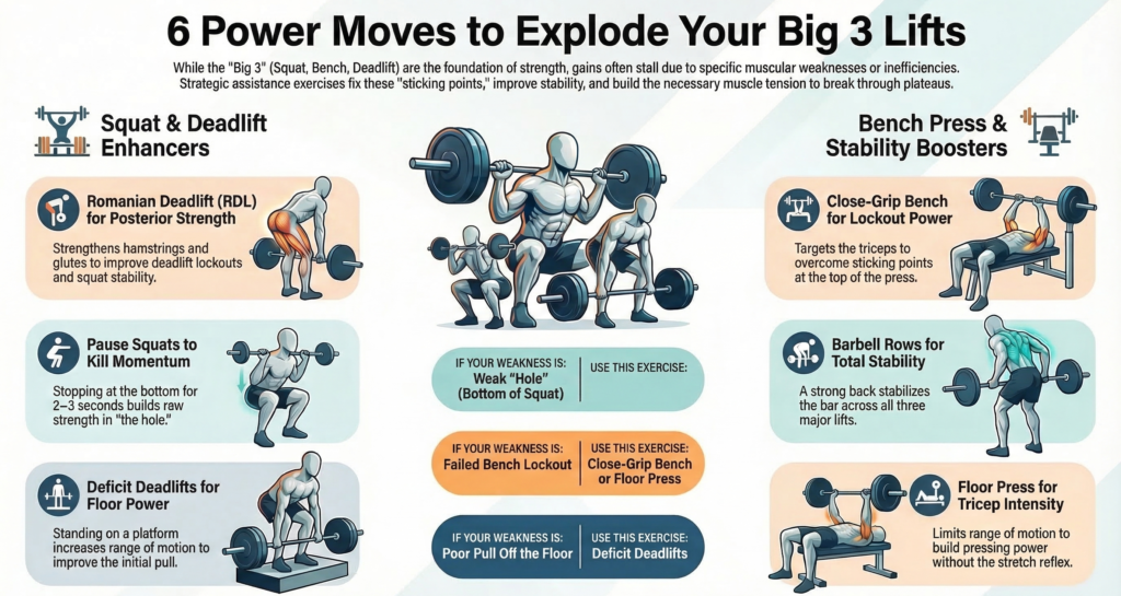 Infographic showing six assistance exercises including Romanian deadlift pause squat deficit deadlift close grip bench barbell rows and floor press to improve squat bench press and deadlift strength