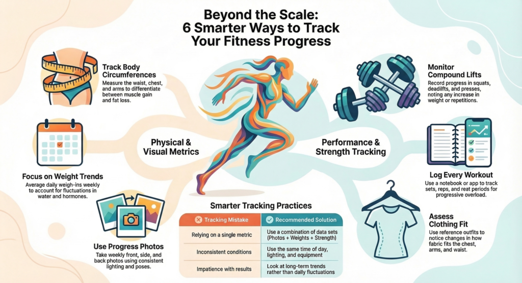 infographic showing body measurements strength tracking progress photos workout logs and clothing fit indicators