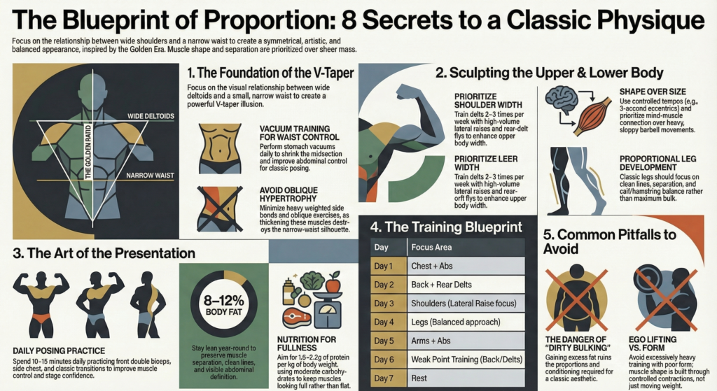 Infographic showing V-taper, training split, nutrition, posing, and common mistakes in classic physique