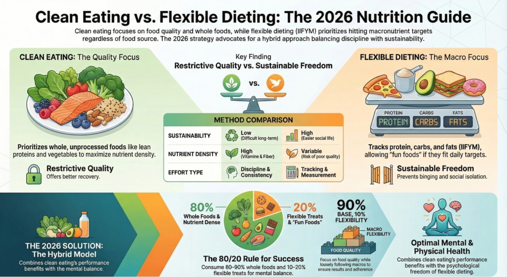 Infographic comparing clean eating and flexible dieting with hybrid model solution