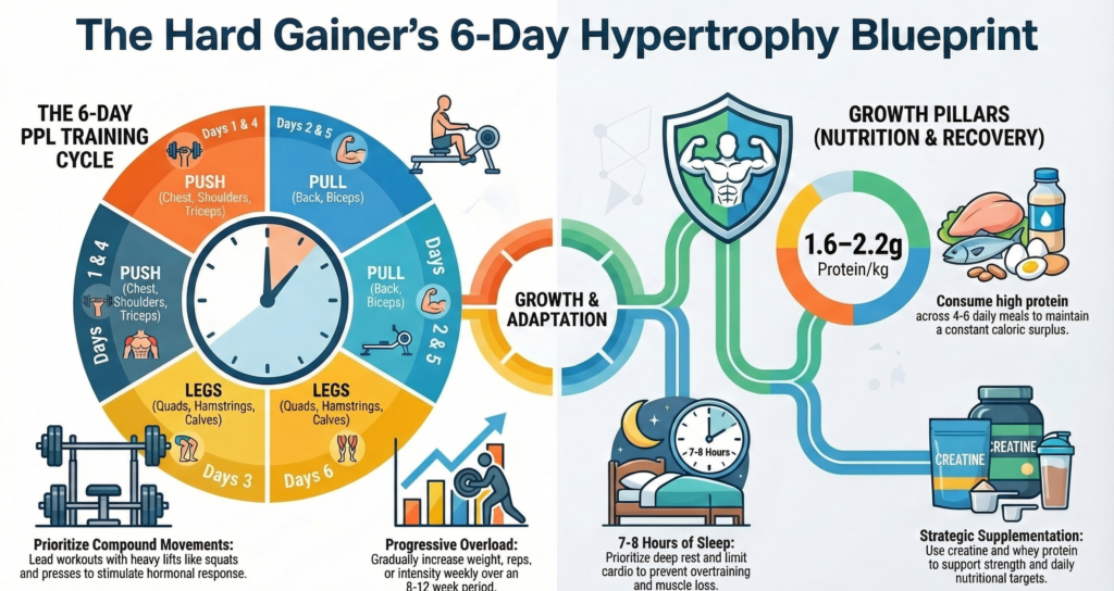 full infographic showing ppl workout plan nutrition protein intake recovery and supplements