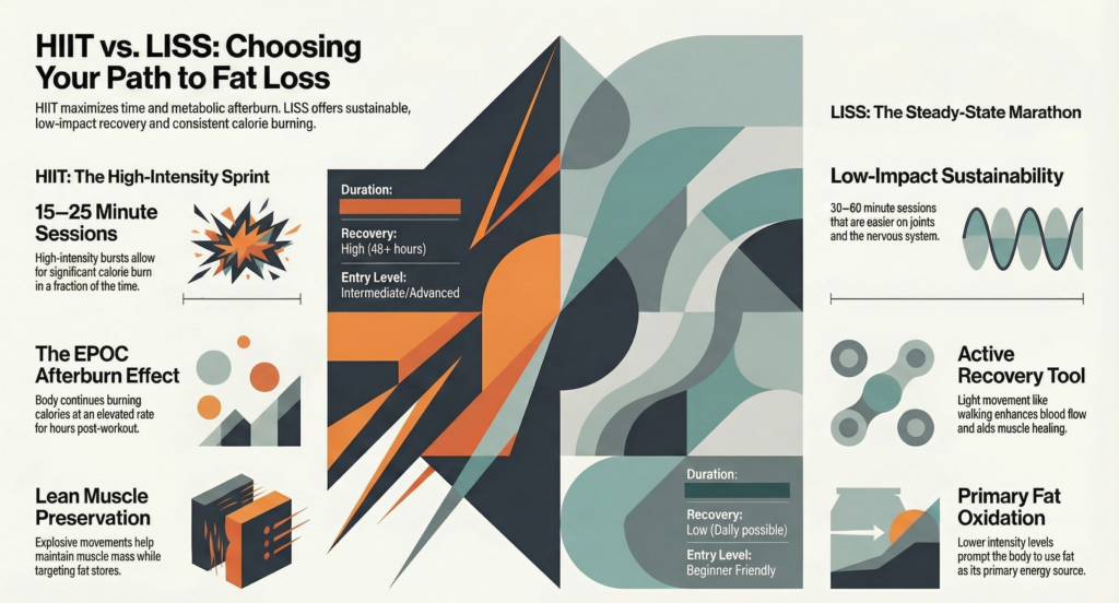 Detailed infographic comparing HIIT sprint workouts and LISS steady cardio for fat loss