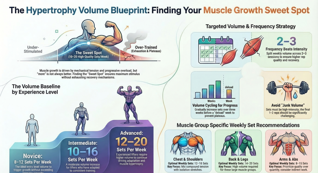 complete hypertrophy blueprint infographic showing training volume frequency and muscle group set recommendations
