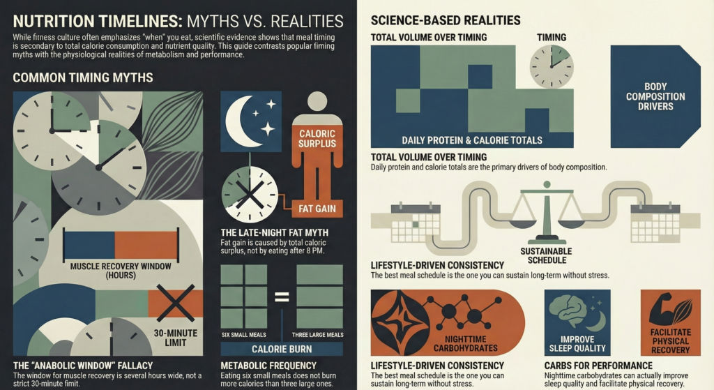 Complete infographic comparing common meal timing myths with scientific realities