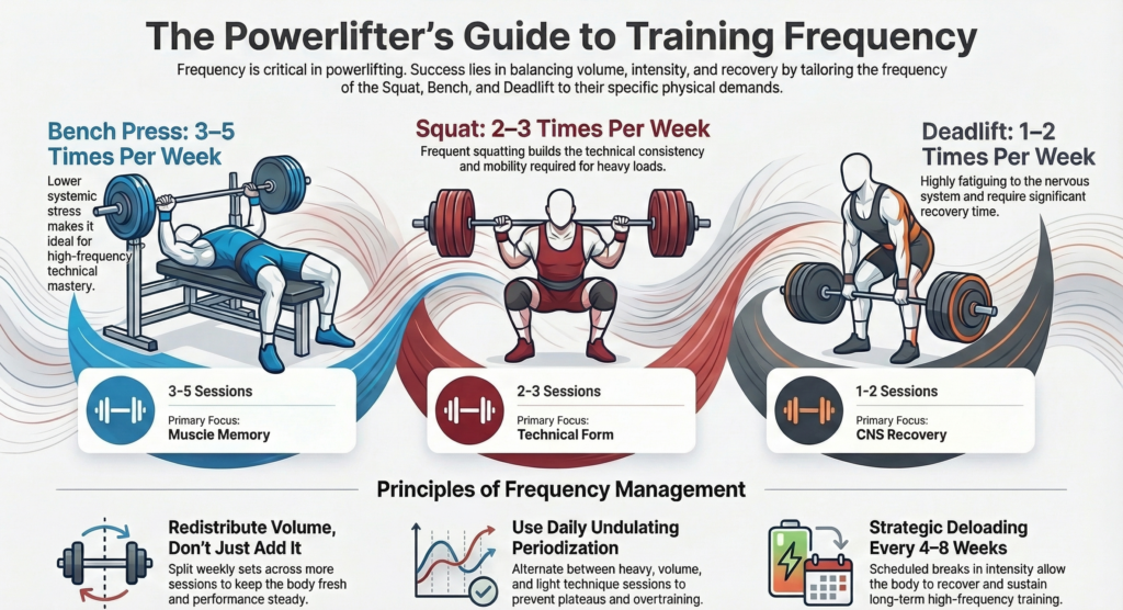 Full infographic explaining squat bench deadlift frequency and principles