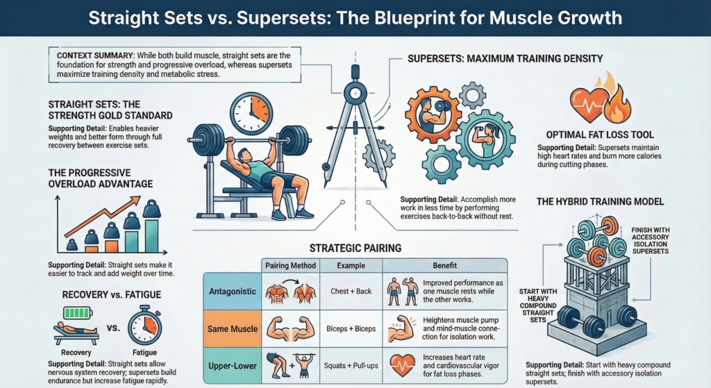 Detailed infographic explaining supersets and straight sets including progressive overload pairing and hybrid training model, supersets vs straight sets, muscle growth strategies, how to use supersets and straight sets together, Supersets vs Straight Sets for Muscle Growth.