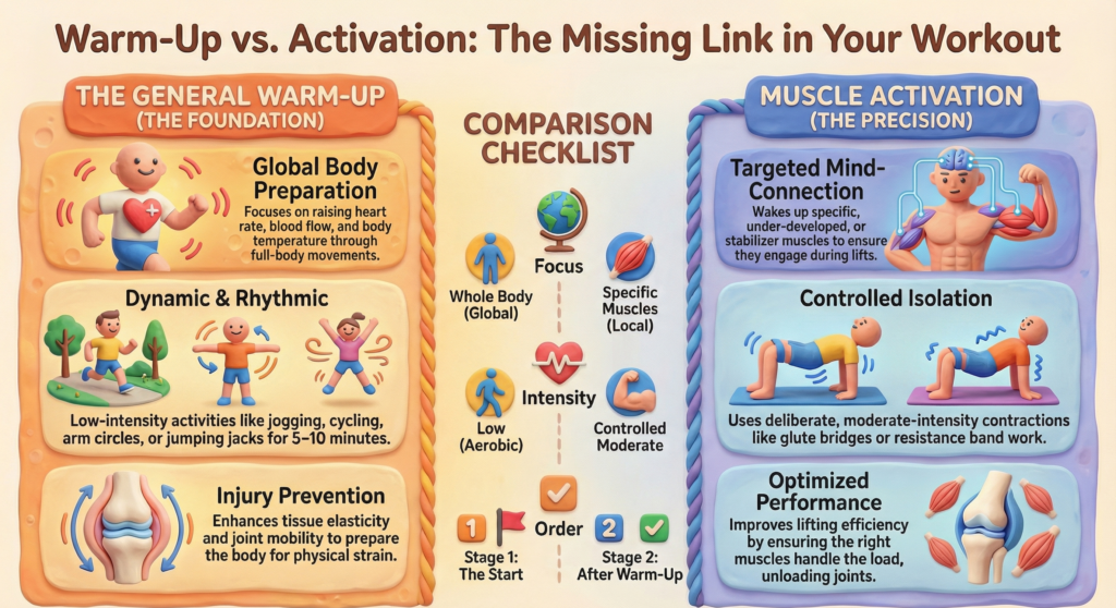 Detailed infographic explaining differences between warm-up and muscle activation