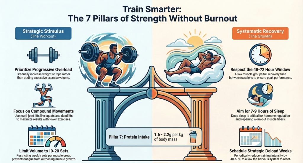 Infographic showing the 7 pillars of building strength without burnout including progressive overload, compound movements, volume control, recovery time, sleep, deload weeks, and optimal protein intake.