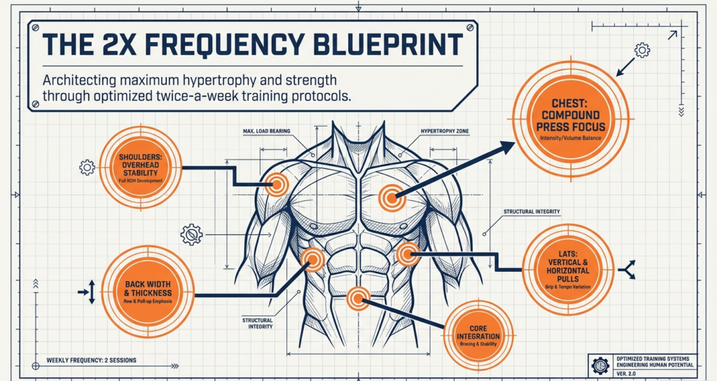 Infographic showing full body muscle map and twice-a-week training blueprint for hypertrophy and strength