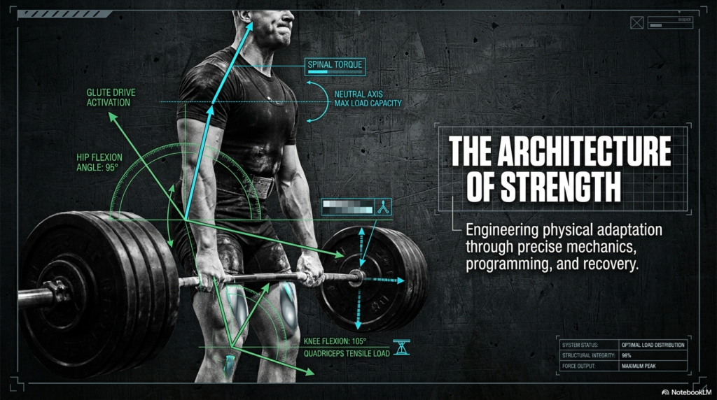 Powerlifter performing deadlift with biomechanical analysis showing spinal alignment, hip angle and force transfer