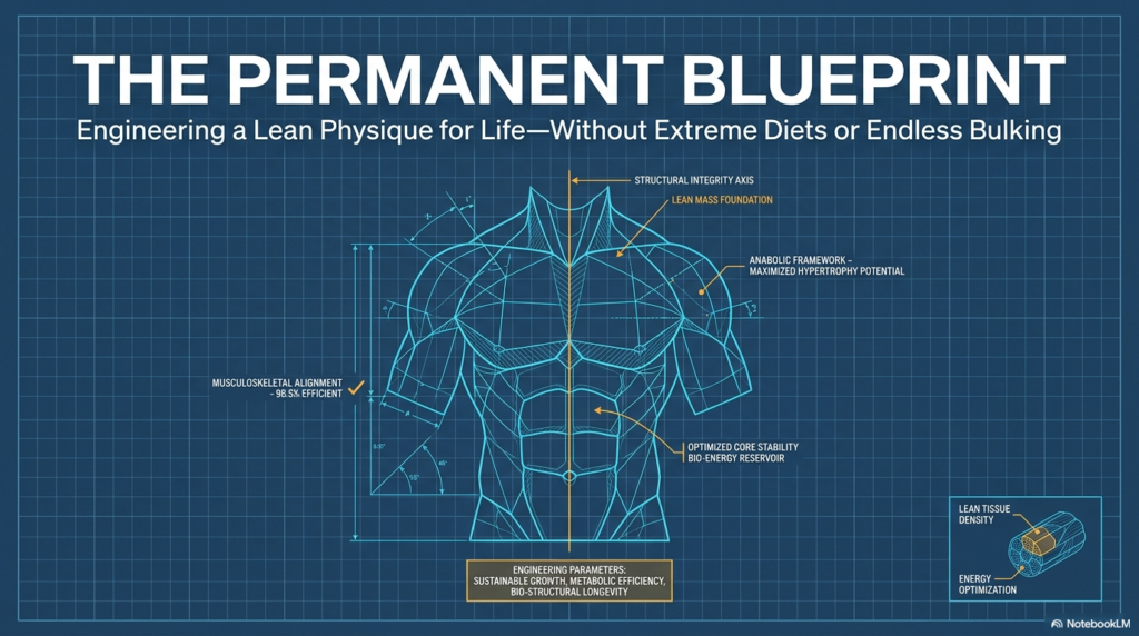 Blueprint style diagram showing muscular body structure and lean physique engineering concept