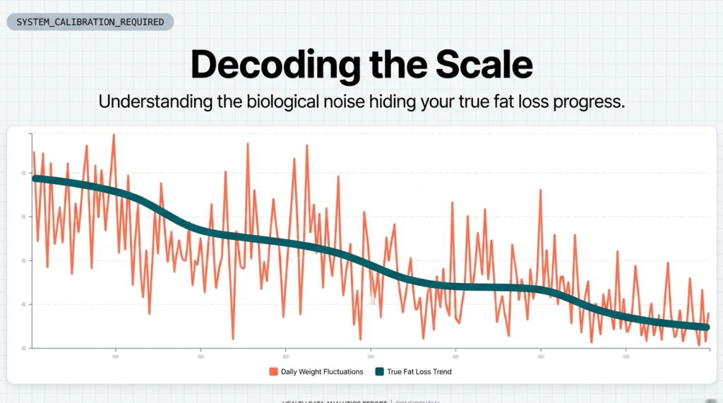 Graph showing daily weight fluctuations vs actual fat loss trend over time, Scale weight lies.