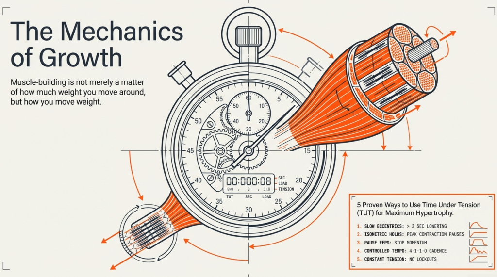 Illustration showing stopwatch and muscle fibers explaining time under tension for hypertrophy
