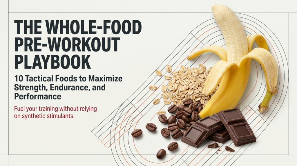 Banana, oats, coffee, and dark chocolate representing natural pre-workout foods for strength and performance