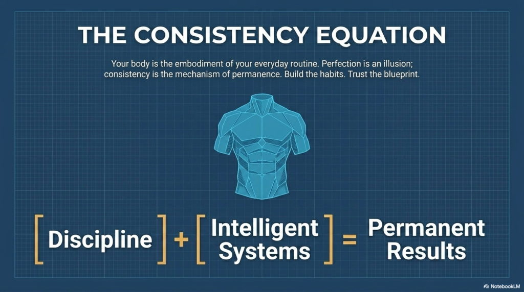 Fitness equation showing discipline plus systems equals permanent results