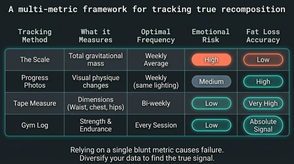 Table comparing scale, photos, measurements, and gym performance