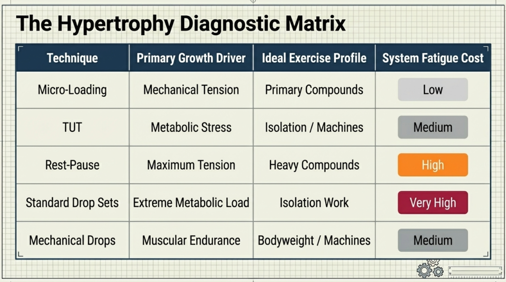 Table comparing training techniques, growth drivers, exercise types, and fatigue levels