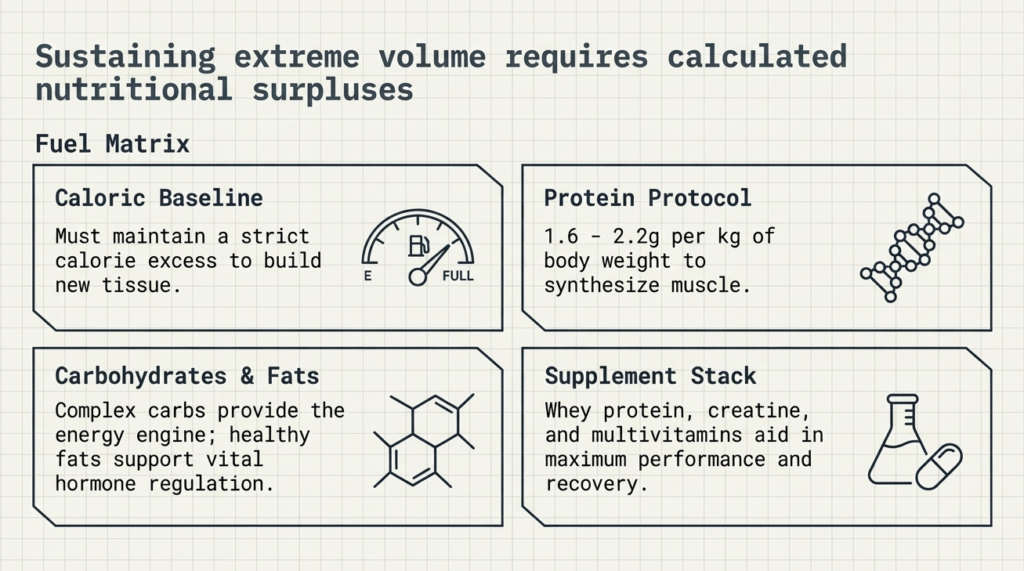Infographic showing calorie surplus, protein intake, carbs, fats, and supplements for muscle growth