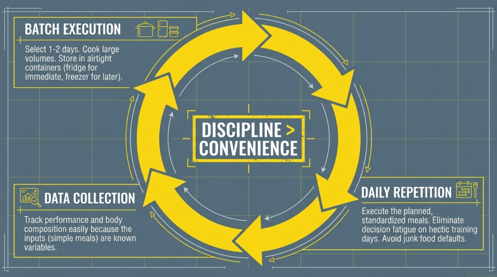 Meal prep cycle infographic showing batch cooking discipline and daily consistency