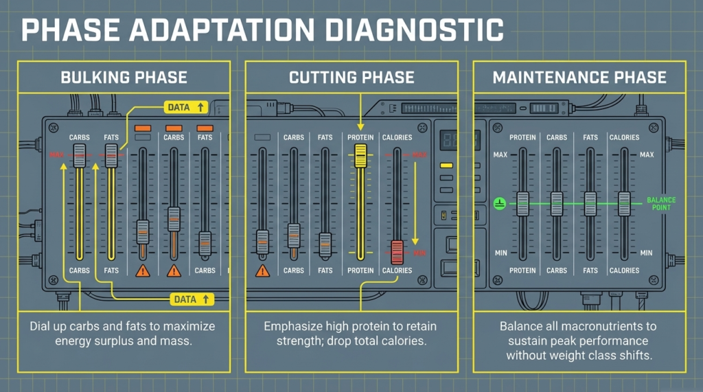Infographic showing macro adjustments for bulking cutting and maintenance phases