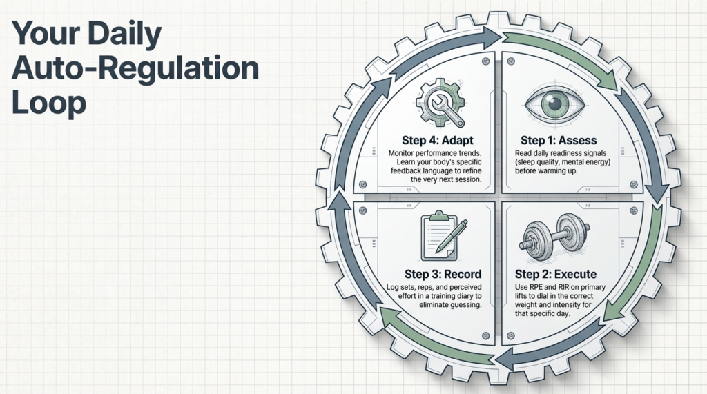 Circular diagram showing four-step auto-regulation process: assess, execute, record, and adapt