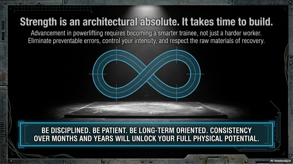 Motivational image showing long-term consistency and patience in powerlifting training