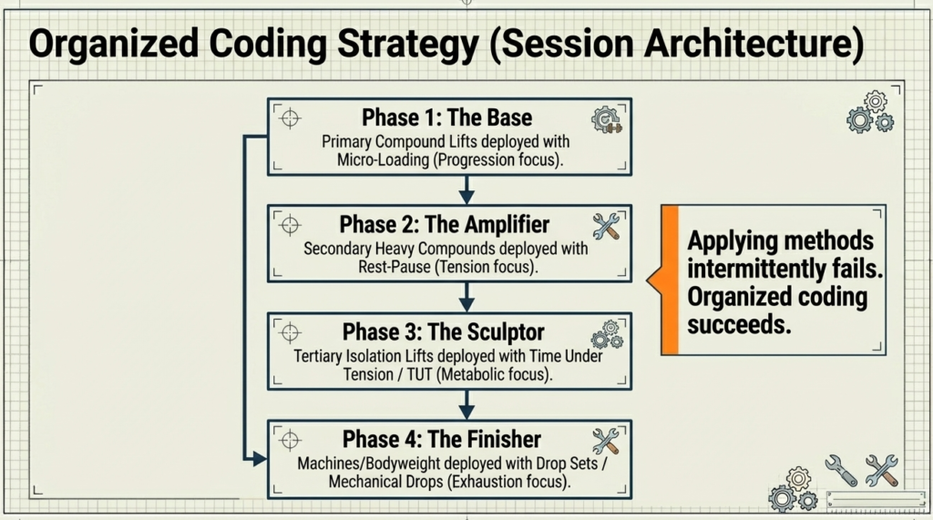 Infographic showing workout phases including base, amplifier, sculptor, and finisher stages