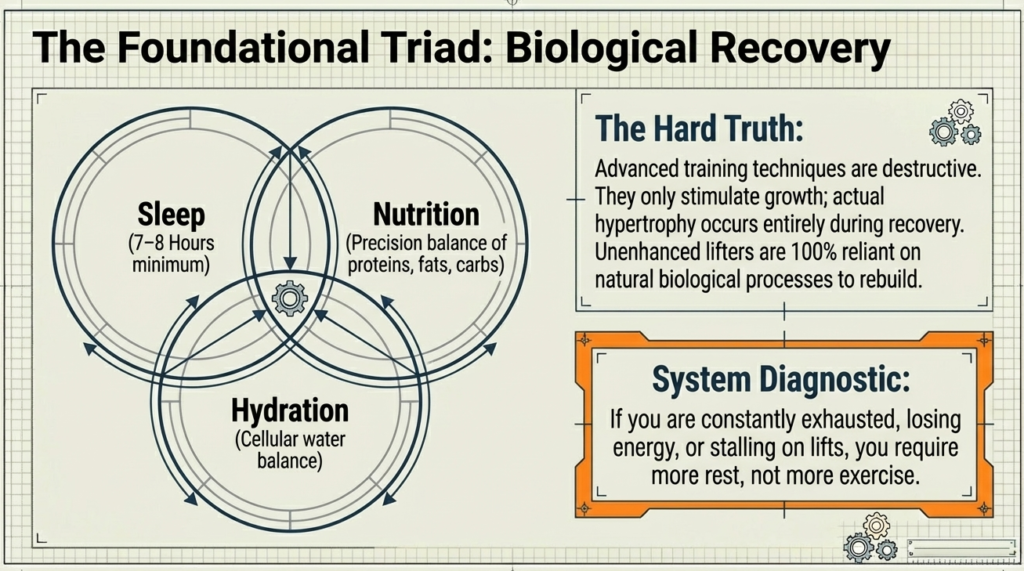 Diagram showing three pillars of recovery including sleep, nutrition, and hydration for muscle growth