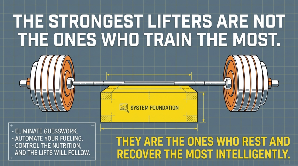 Powerlifting quote infographic emphasizing recovery over excessive training
