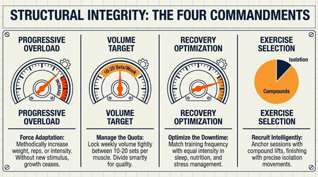 Infographic showing progressive overload volume recovery and exercise selection principles