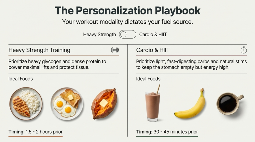 Checklist of pre-workout nutrition rules including timing, macros, and consistency