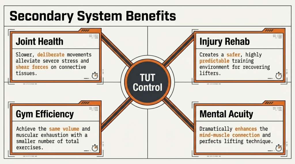 Diagram showing joint health, efficiency, rehab and mind muscle connection benefits