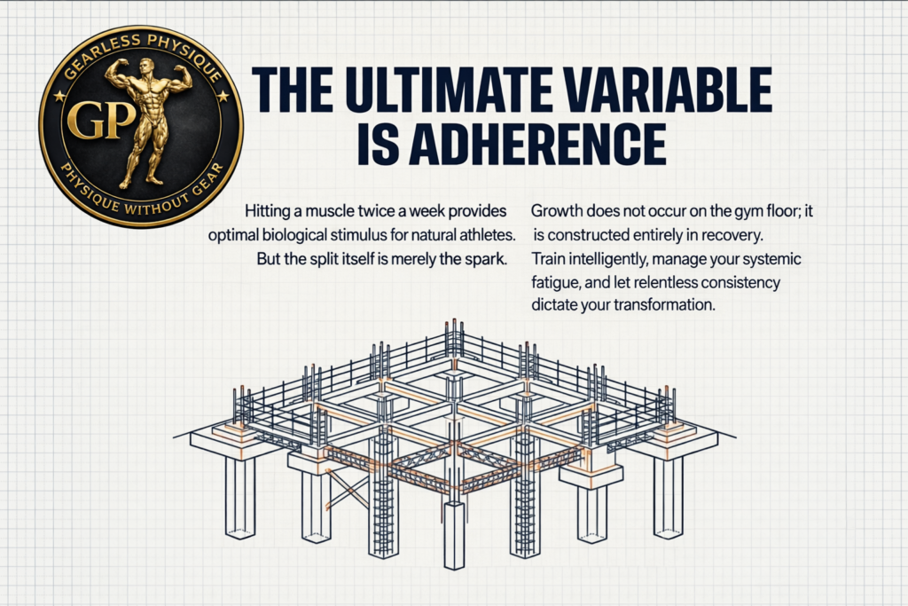 Infographic emphasizing adherence consistency and recovery as key factors for muscle growth
