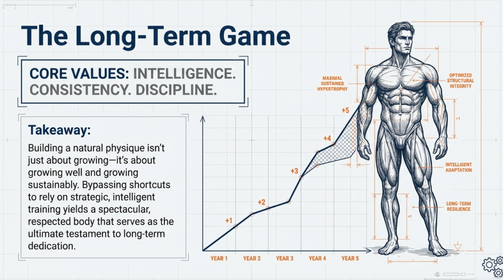 Graph showing gradual muscle growth progression over years with natural training