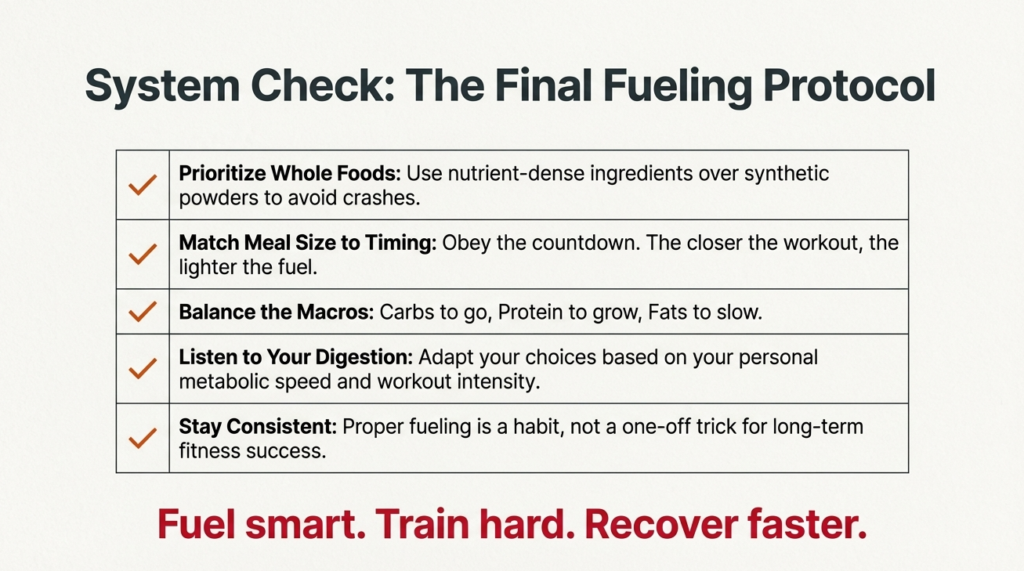 Infographic showing carbs, protein, timing, and whole food strategy for workouts