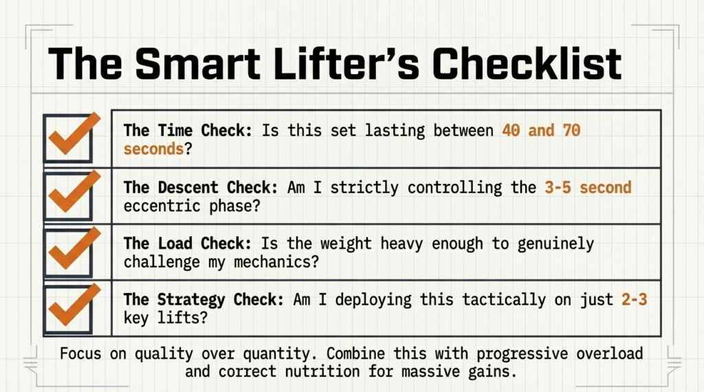 Checklist showing key factors for effective time under tension training