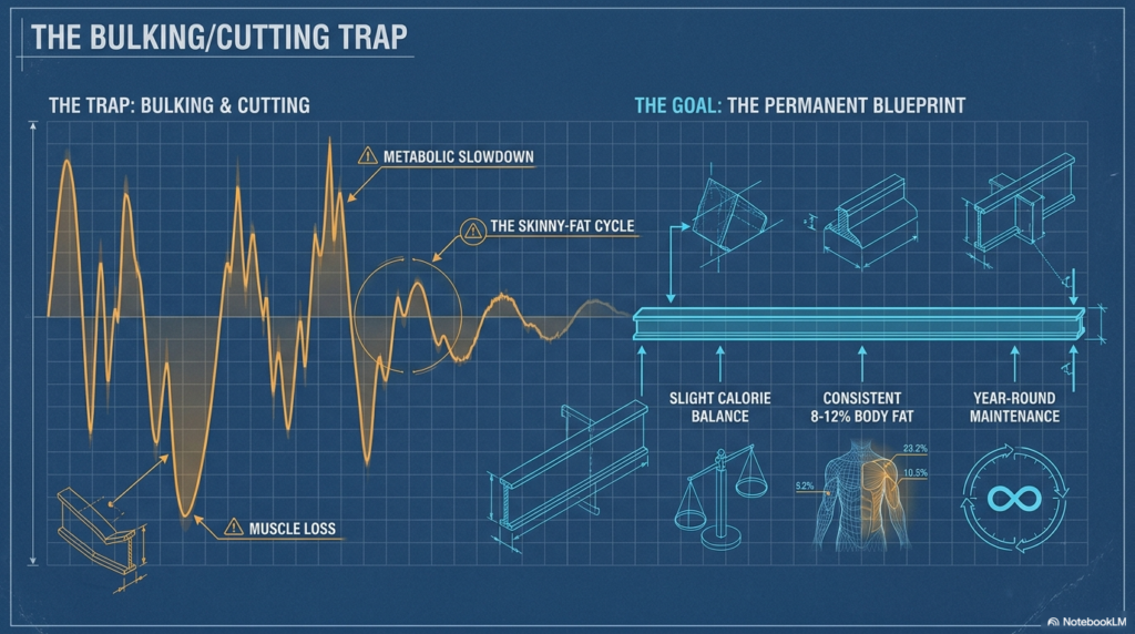 Graph showing weight fluctuations from bulking and cutting cycles with metabolic slowdown