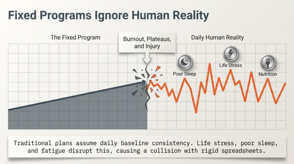 Graph comparing steady progression of fixed programs versus fluctuating real-life factors like sleep, stress, and nutrition