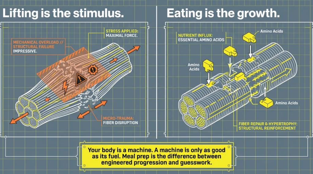 Muscle breakdown and recovery diagram showing lifting stimulus and nutrition-driven muscle repair