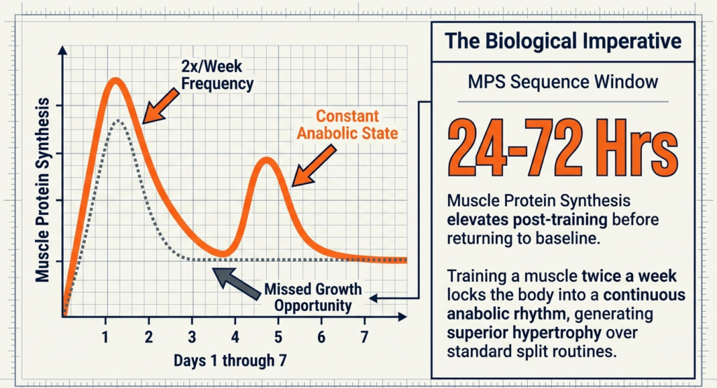 Graph showing muscle protein synthesis peaks over 24 to 72 hours with twice weekly training frequency