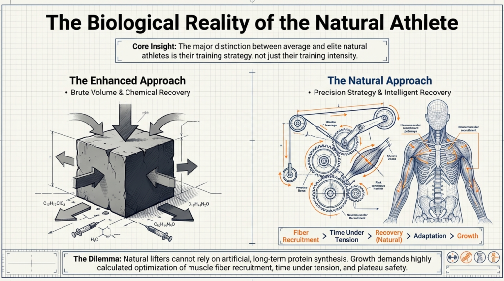 Comparison infographic showing differences between enhanced lifters using chemical recovery and natural athletes using strategic training and recovery