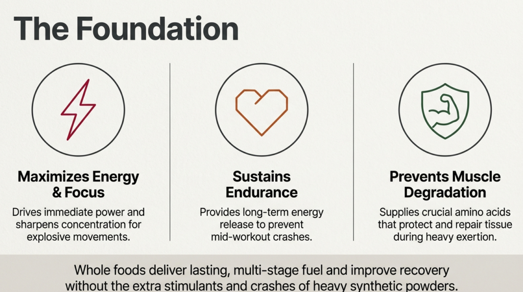 Icons showing energy, endurance, and muscle protection benefits of pre-workout nutrition