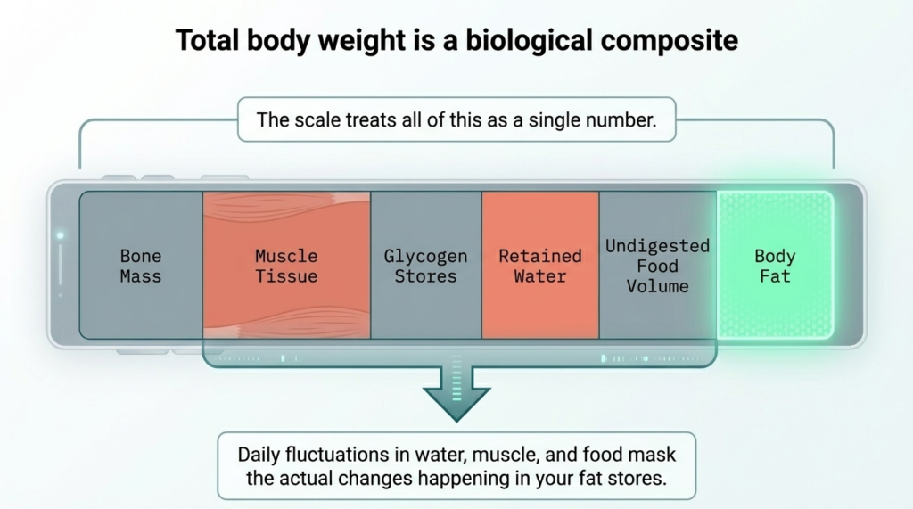 Diagram showing body weight components including fat, muscle, water, glycogen, and food