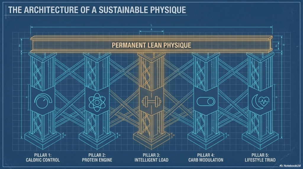 Structural diagram showing five pillars including calories, protein, training, carbs and lifestyle