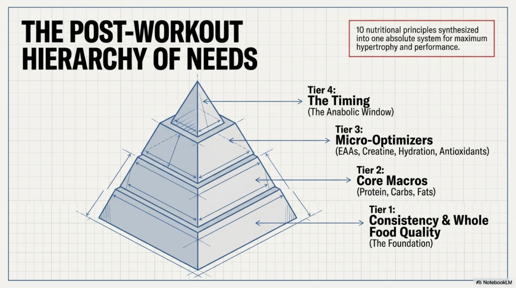 Pyramid showing importance of consistency, macros, supplements, and timing after workout