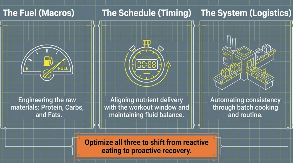 Infographic showing macronutrients, meal timing, and meal prep system for powerlifters